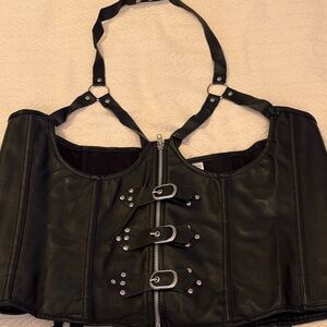 NWT Black Strappy open bust Top with Buckles zipper front lace back